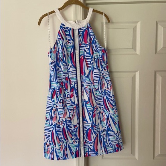 lilly pulitzer red white and blue dress Lilly Pulitzer Dress Size 4 Sheath White Blue Red Pink Textured Scoop Neck